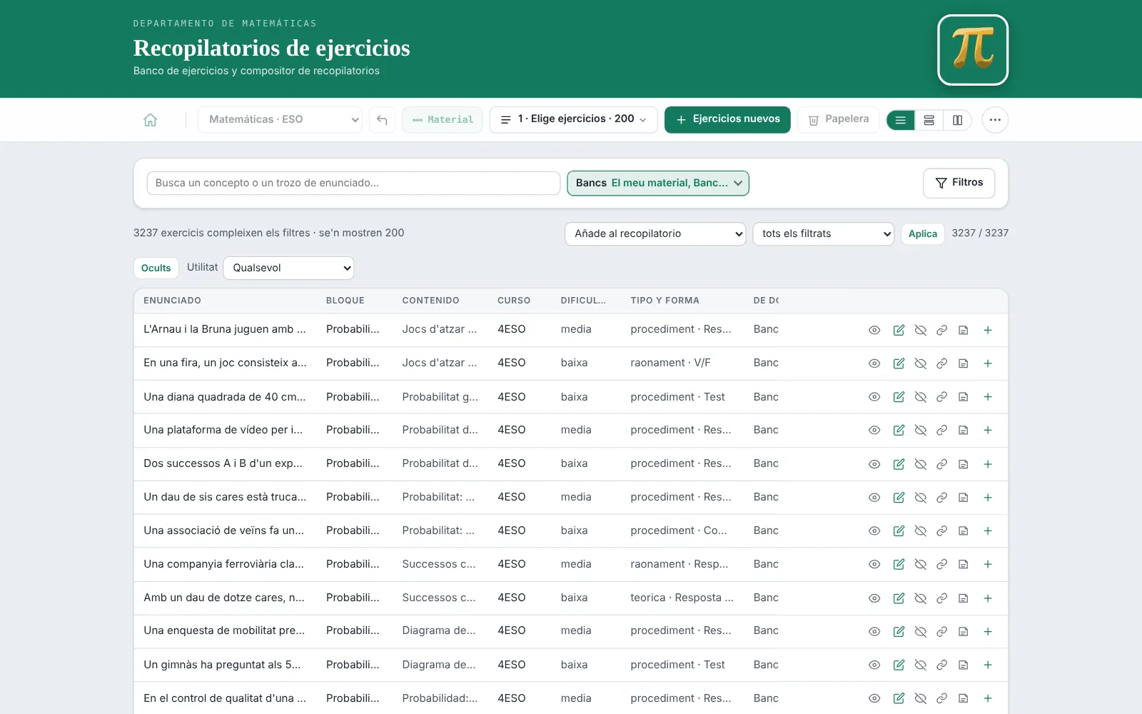 El banco de ejercicios etiquetado por currículo