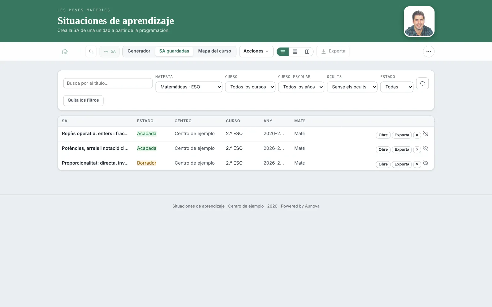 El generador de situaciones de aprendizaje, con las competencias y los criterios ya puestos