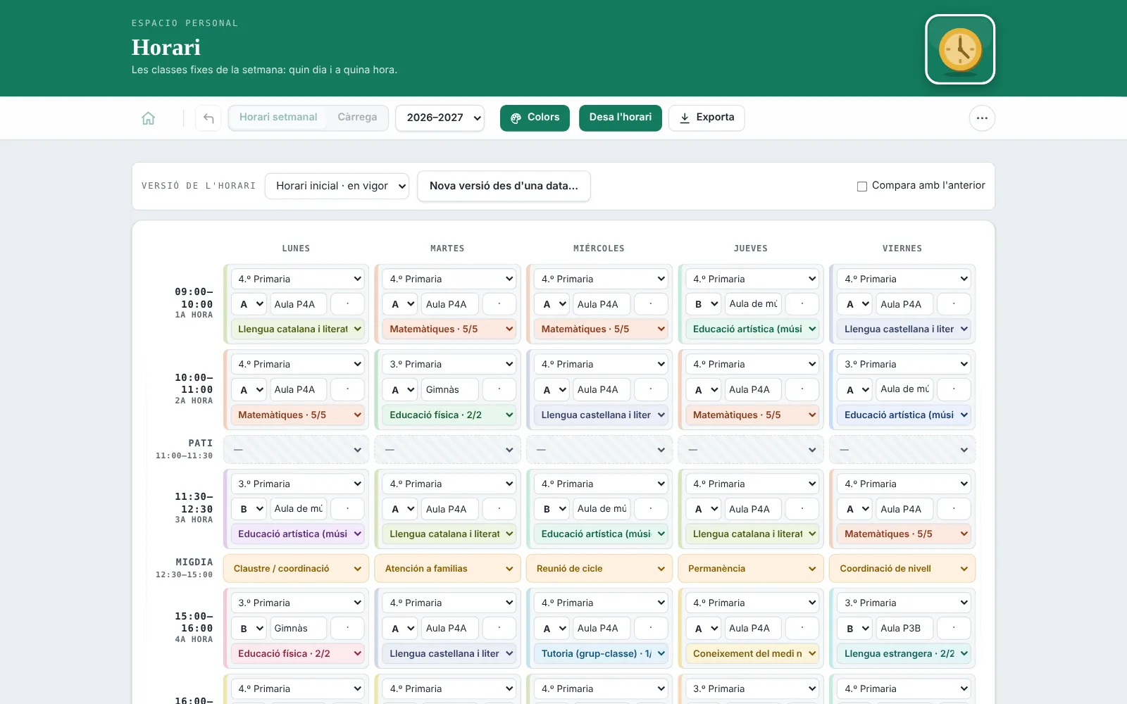 El horario semanal de un tutor de primaria