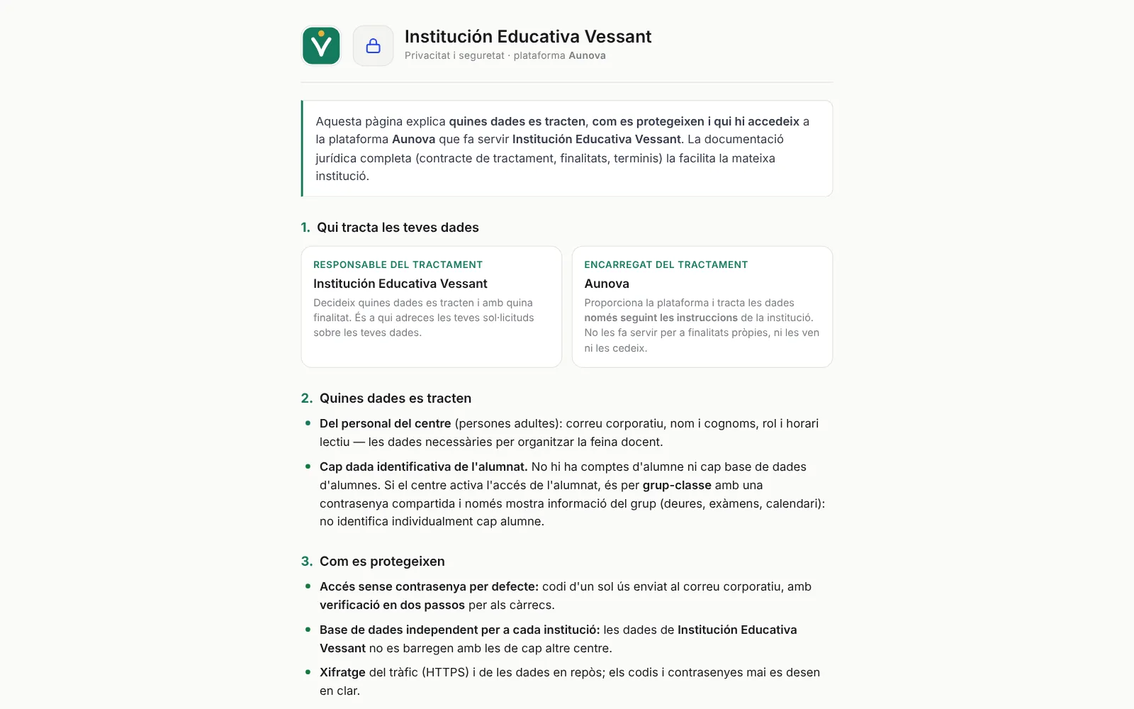 Página pública de privacidad y seguridad de la institución