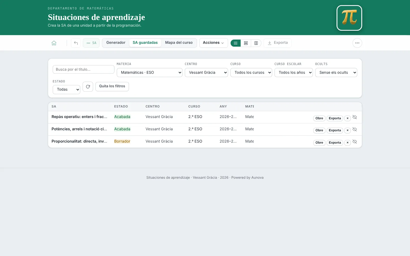 El generador de situaciones de aprendizaje, con las competencias y los criterios ya puestos
